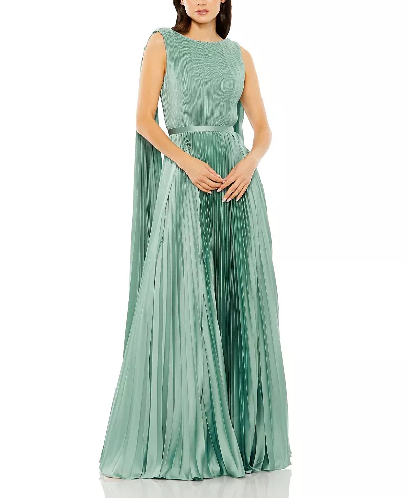 Mac Duggal Sleeveless High Neck Cape Back Heat Pleated Gown