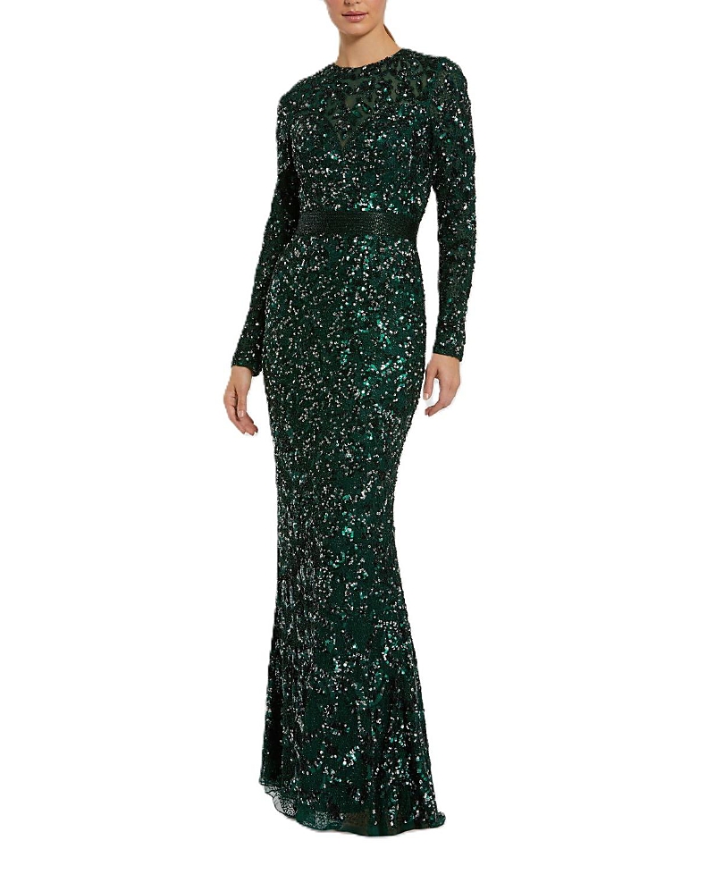 Mac Duggal Long Sleeve Embellished Sequin Gown In Forest Green