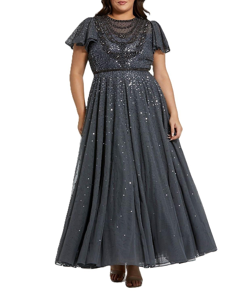 Mac Duggal Sheer Flutter Sleeve Beaded Fluffy Net Gown In Charcoal