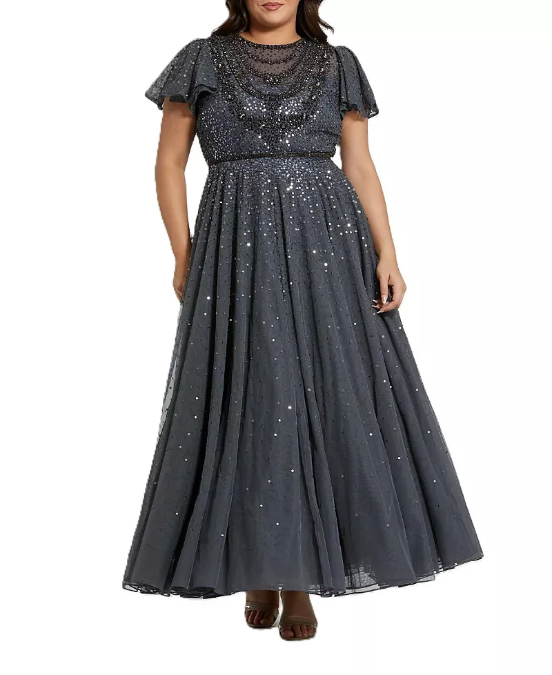Mac Duggal Plus Sheer Flutter Sleeve Beaded Fluffy Net Gown
