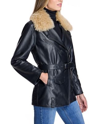 Leather Moto Jacket with Detachable Shearling Collar