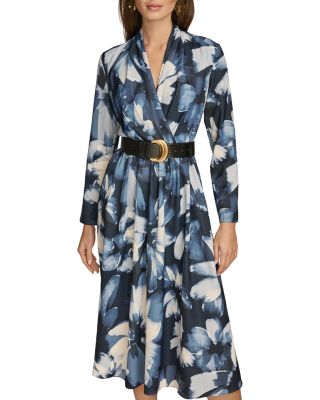 Belted Long Sleeve Midi Satin Dress