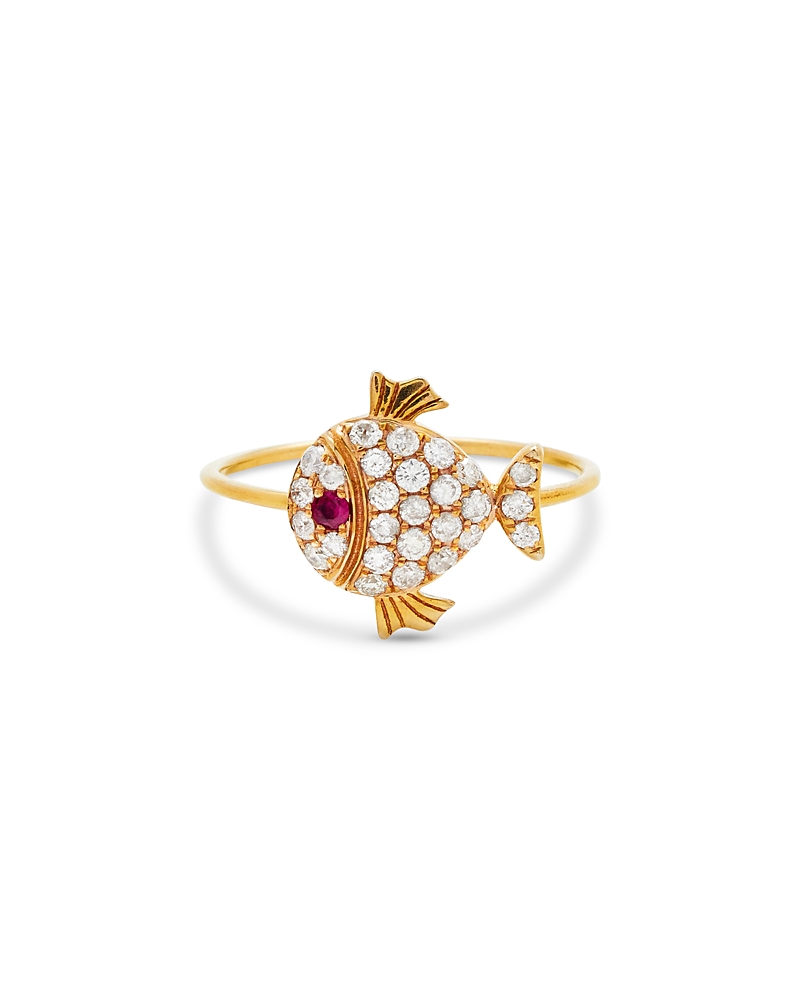 Yvonne Léon 18k Yellow Gold Grey Diamond & Ruby Little Fish Ring In Gold