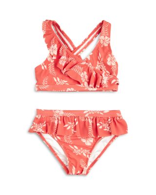 Miles The Label - Girls' Floral Ruffle Cross Over Two Piece Swim Suit - Baby