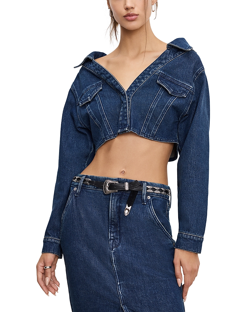 GOOD AMERICAN DENIM OFF SHOULDER CROPPED JACKET