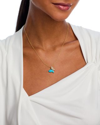 Turquoise & Diamond Butterfly Necklace in 14K Yellow Gold, 18"