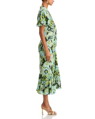 Damask Floral Tie Neck Ruched Midi Dress