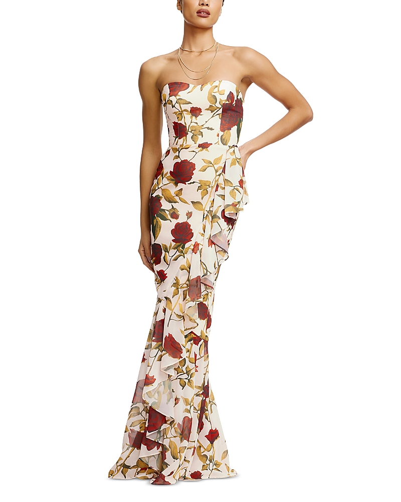 Dress The Population Paris Floral Ruffle Strapless Gown In Cream Multi