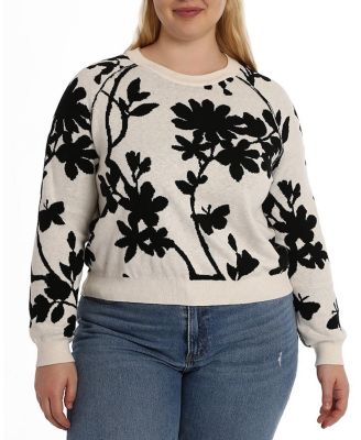  Plus Size Cotton Blend Long Sleeve Reversible Floral Crew Sweater