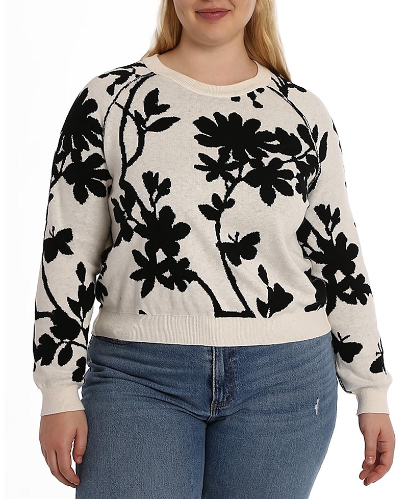 Minnie Rose Plus Size Cotton Blend Long Sleeve Reversible Floral Crew Sweater In Black/starch