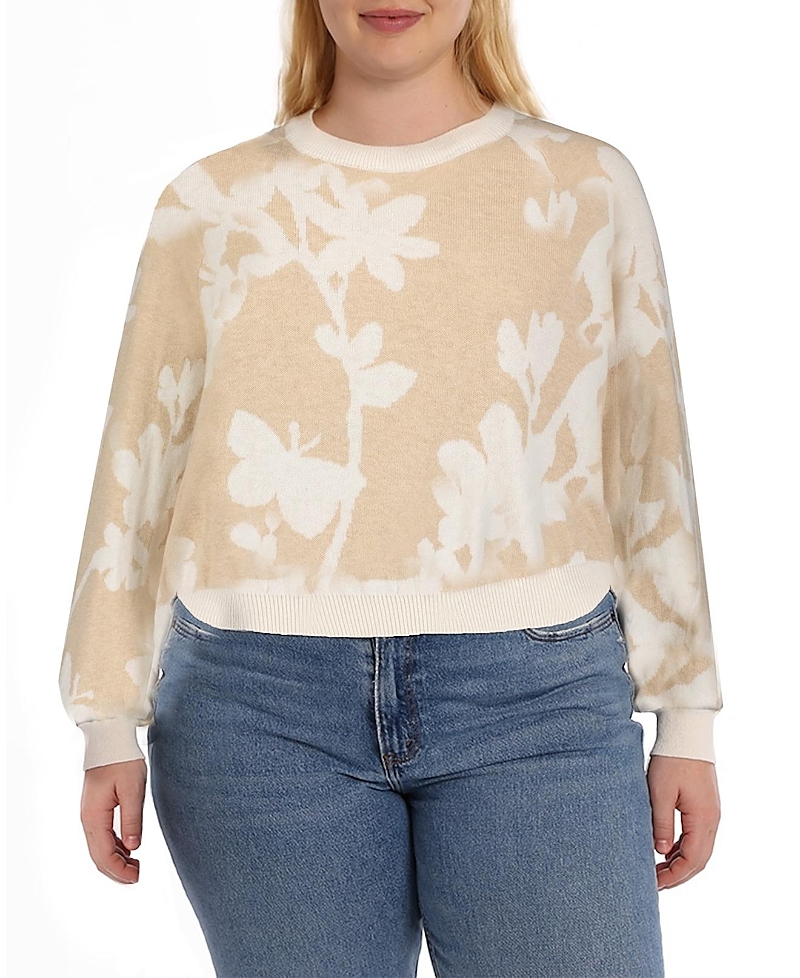 Minnie Rose Cotton Cashmere Long Sleeve Reversible Floral Crewneck Sweater In Brown Sugar/starch