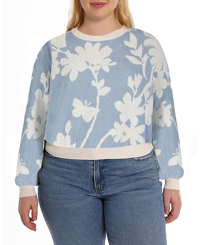 Minnie Rose Plus Size Cotton Blend Long Sleeve Reversible Floral Crew Sweater In Fresco Blue/starch