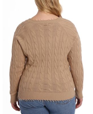 Plus size Cotton Frayed Cable Long Sleeve V Neck Sweater Top