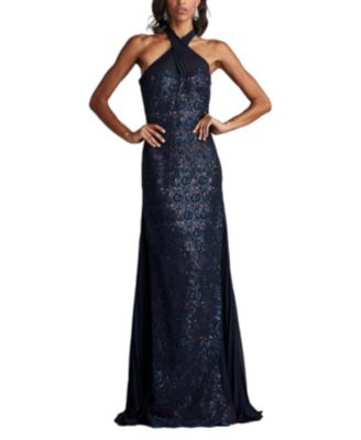 Tadashi Shoji Dallas Sequin Embroidered Tulle Halter Gown