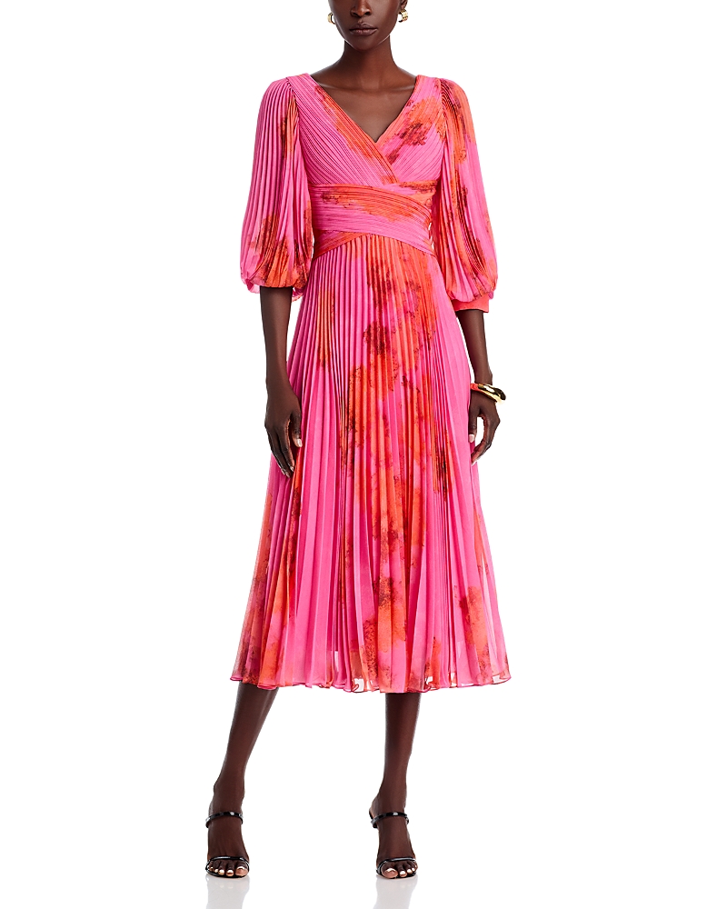 Teri Jon By Rickie Freeman Printed Chiffon Pleated Dress In Pink Multi