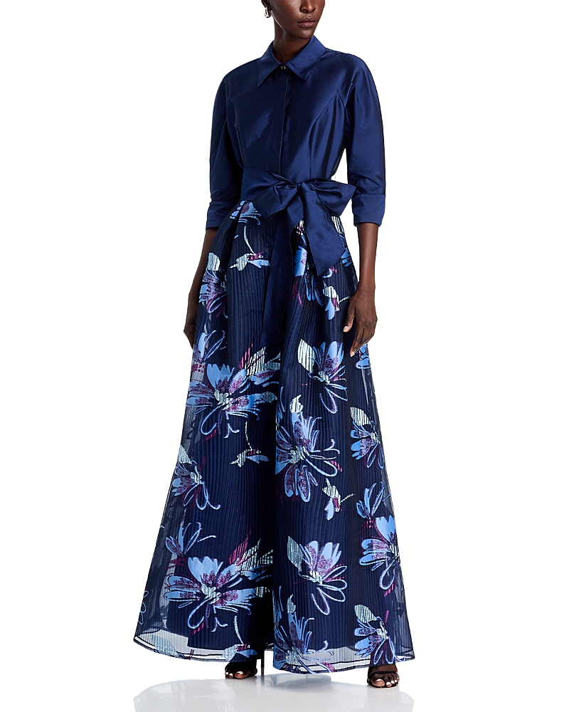 Teri Jon By Rickie Freeman Taffeta Floral Organza Gown In Navy Multi