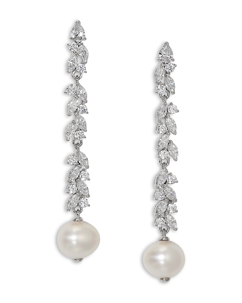 Nadri Sav Cubic Zirconia Cluster & Cultured Freshwater Pearl Linear Drop Earrings In Rhodium Plated In Silver