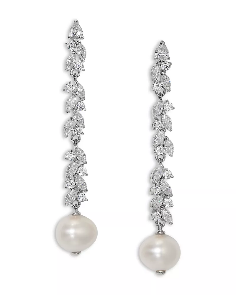 Nadri Sav Cubic Zirconia Cluster & Cultured Freshwater Pearl Linear Drop Earrings in Rhodium Plated