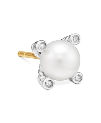 Pearl Stud Earrings in Sterling Silver with Pearls and Diamonds, 7.4mm