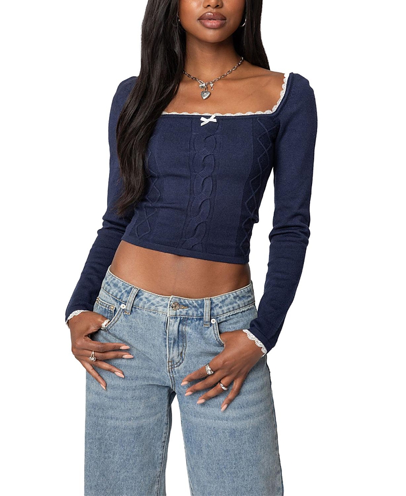 Shop Edikted Ansley Lacey Cable Knit Top In Navy