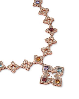 18K Rose Gold Venetian Princess Carnival Multi Gemstone & Diamond Flower Pendant Statement Necklace, 17"