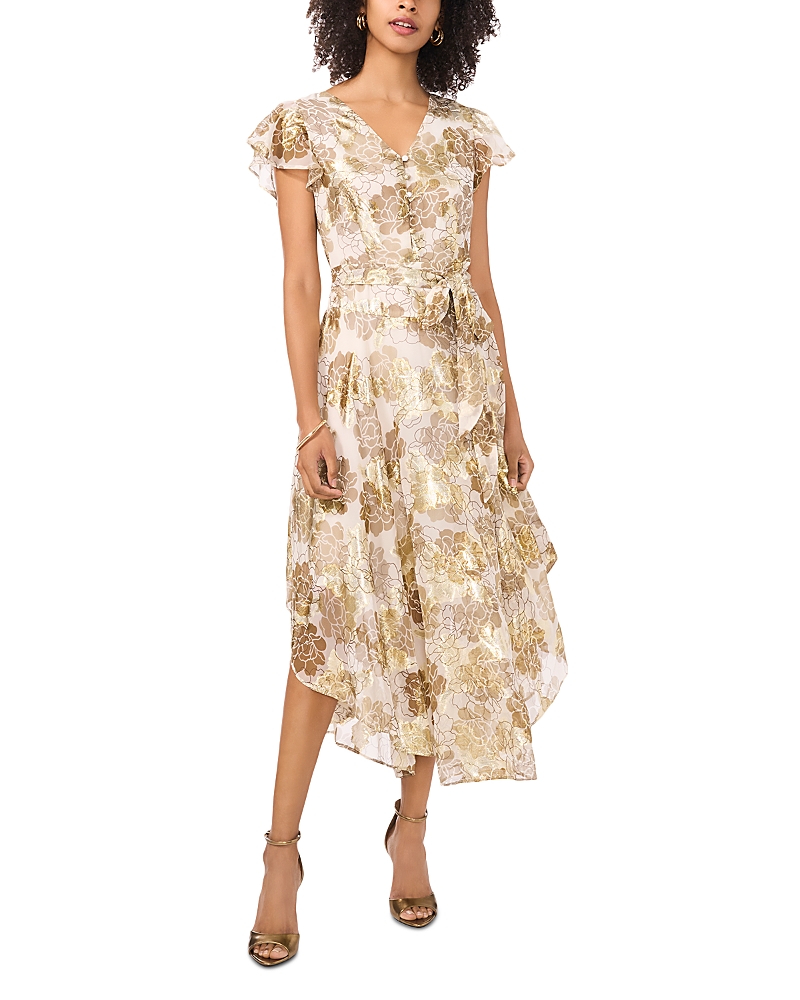 VINCE CAMUTO PRINTED FLUTTER SLEEVE BUTTON FRONT DRESS