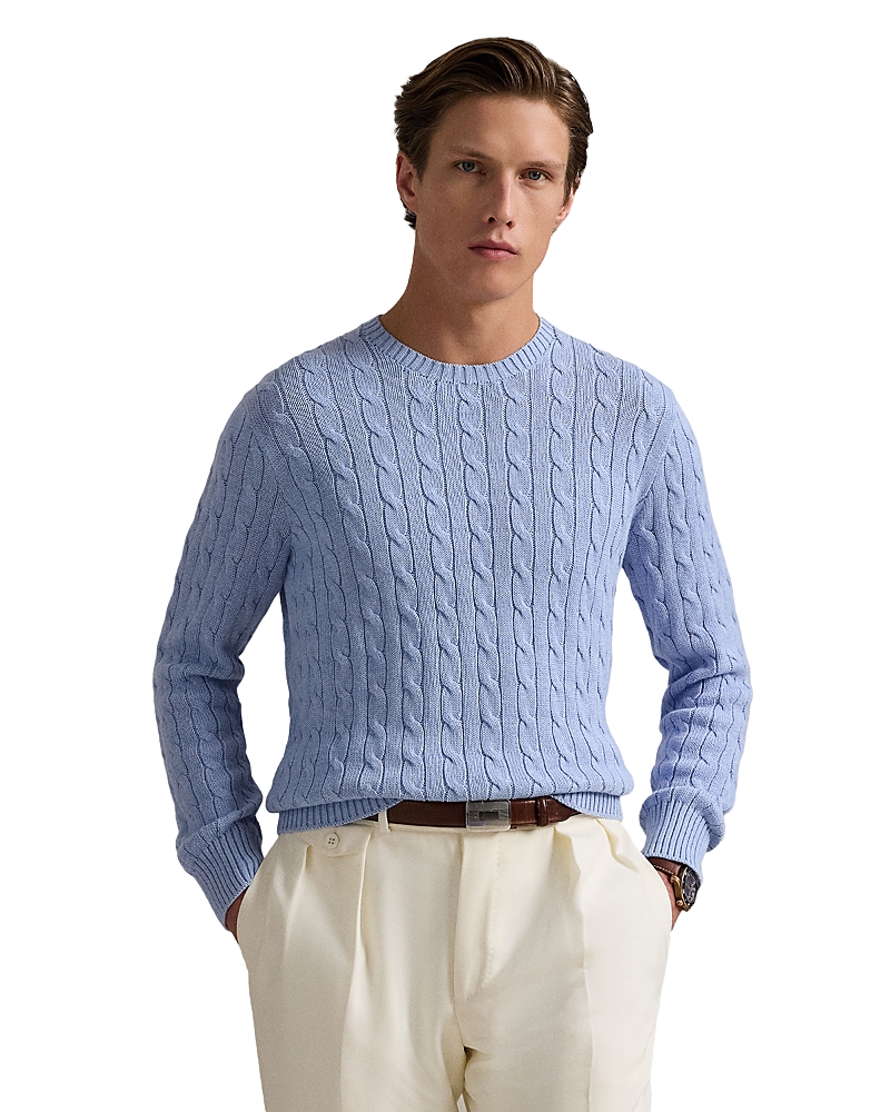 Shop Polo Ralph Lauren Cable Knit Cotton Crewneck Sweater In Blue Hyacinth