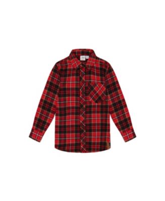 Deux par Deux - Boys' Long Sleeve Button Down Flannel Shirt Plaid Black and Red - Baby