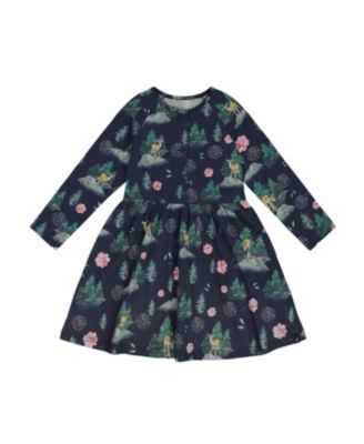 Deux par Deux Girls' Jersey Long Sleeve Dress Navy Printed Bambi - Little Kid