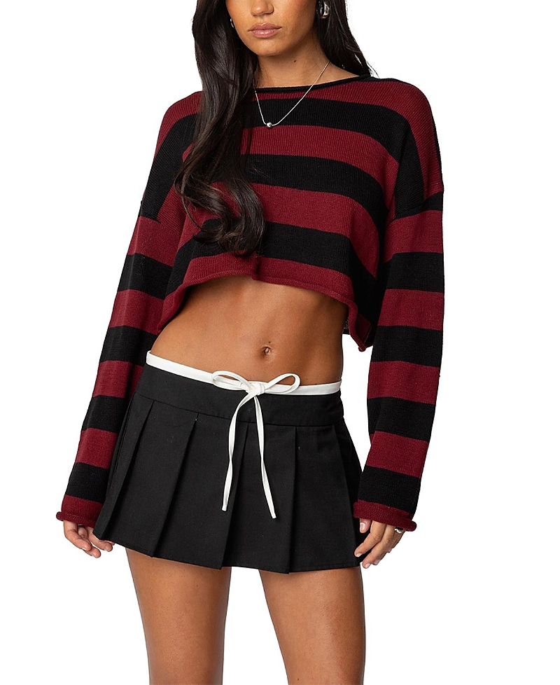 Edikted Shyrah Stripe Oversize Knit Crop Top In Burgundy Black