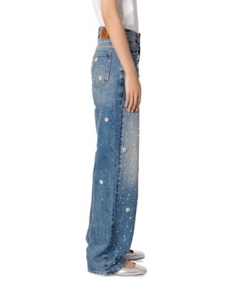Embellished High Rise Wide Leg Jeans in Blue