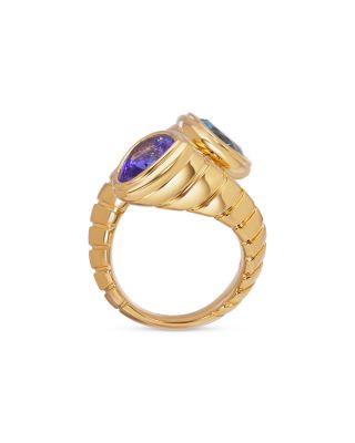 18K Yellow Gold Trisola Tanzanite & Blue Topaz Toi et Moi Ring