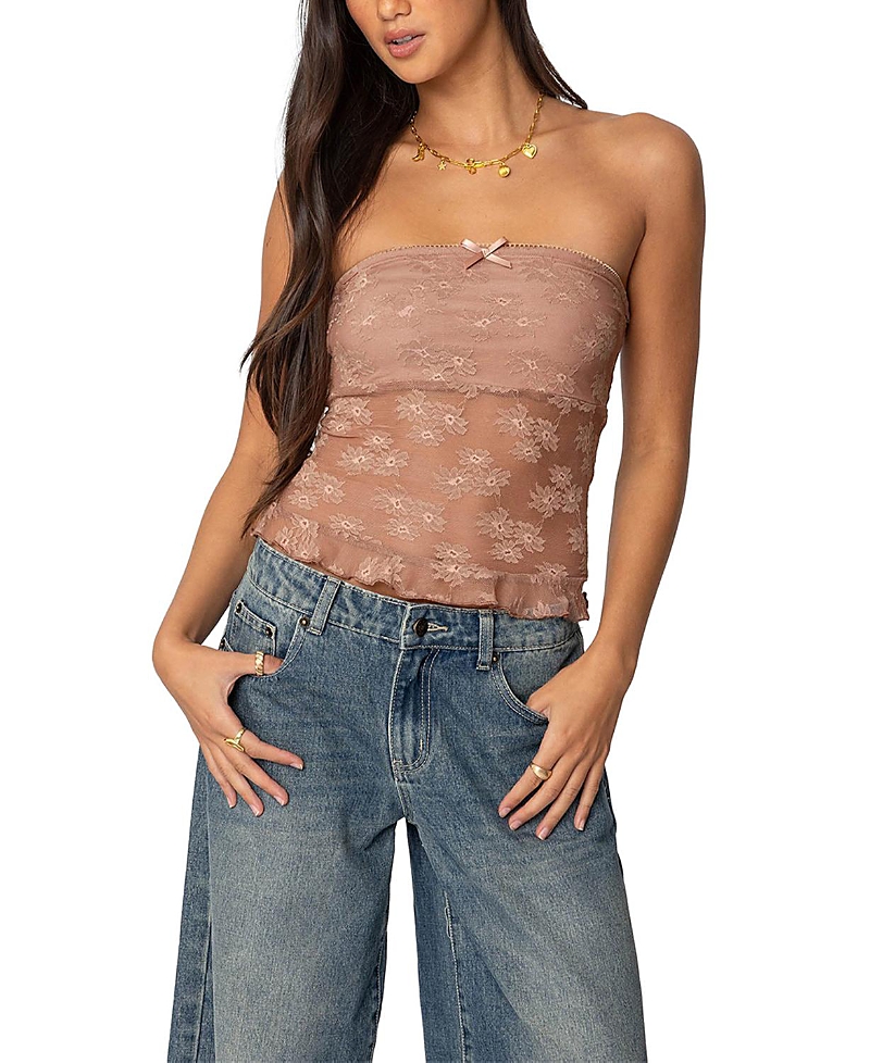 Edikted Ballet Floral Lace Crop Tube Top In Brown