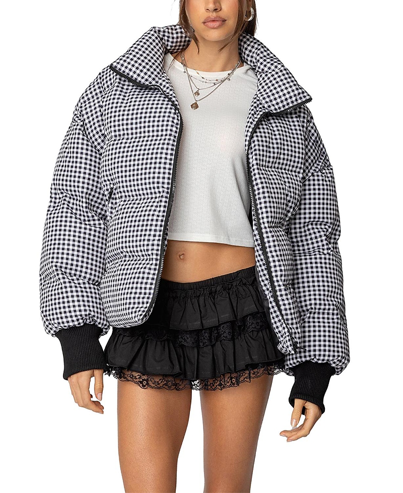EDIKTED OVERSIZED GINGHAM PUFFER COAT