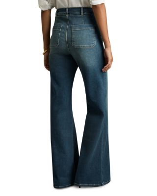 Petites Sakura Flare Patch Pocket Jeans in Mid Blue