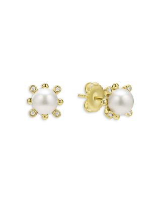 18K Yellow Gold Luna Cultured Pearl & Diamond Fleur Stud Earrings