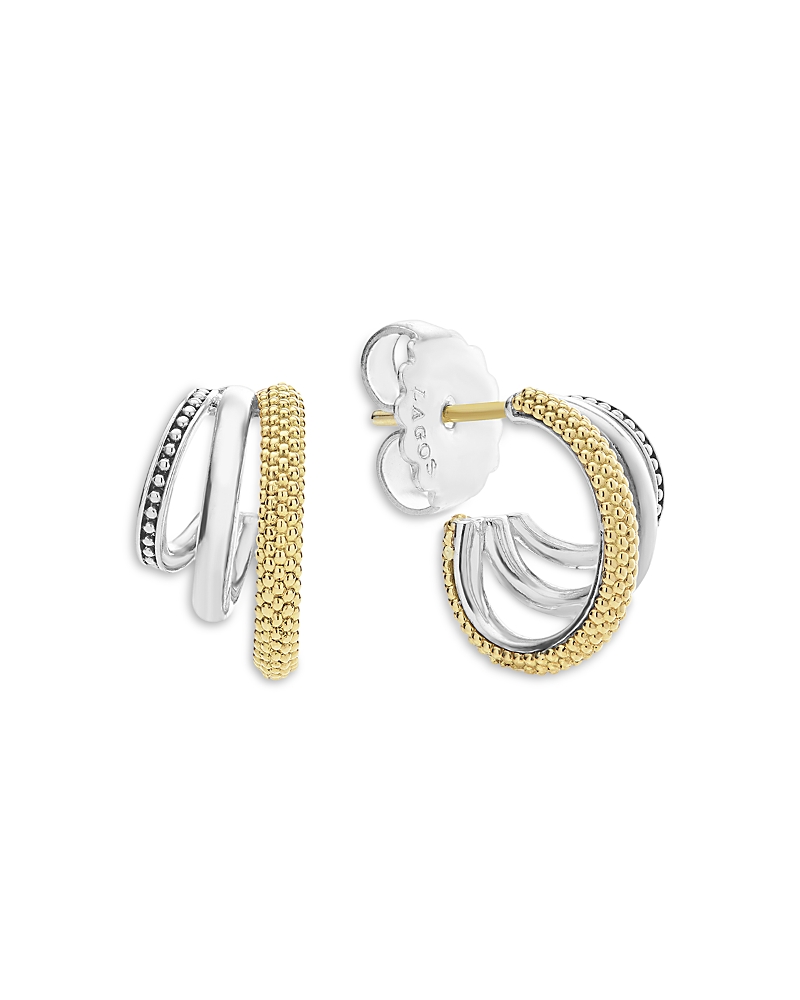 Lagos Two Tone Caviar Lux Three Ring Hoop Earrings In Silver