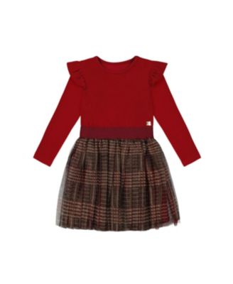 Deux par Deux Girls' Long Sleeve Dress with Glittering Tulle Plaid Skirt - Little Kid