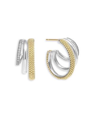 Two Tone Caviar Lux Three Ring Diamond Hoop Earrings, 0.16 tcw