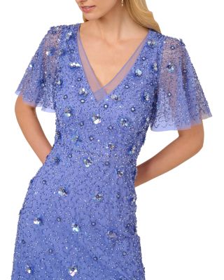 Beaded Mesh Flutter Sleeve Dress