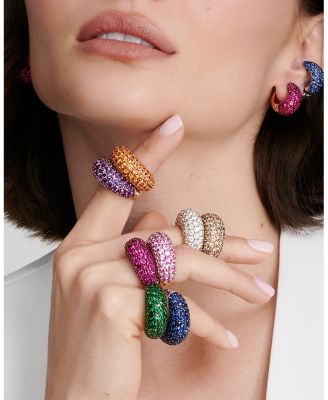 18K White Gold Dome Huggie Hoop Earrings with Blue Sapphires