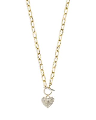 14K Yellow Gold Kate Diamond Paperclip Link Pav&eacute; Heart Necklace, 18"