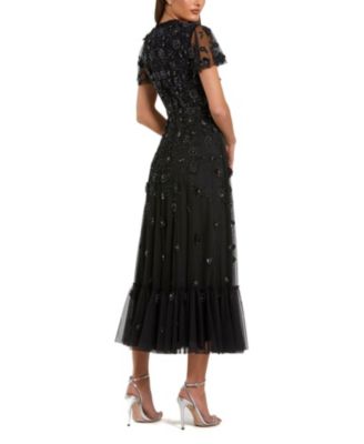 Embellished High Neck Floral Applique with Beaded Detail A Line Dress