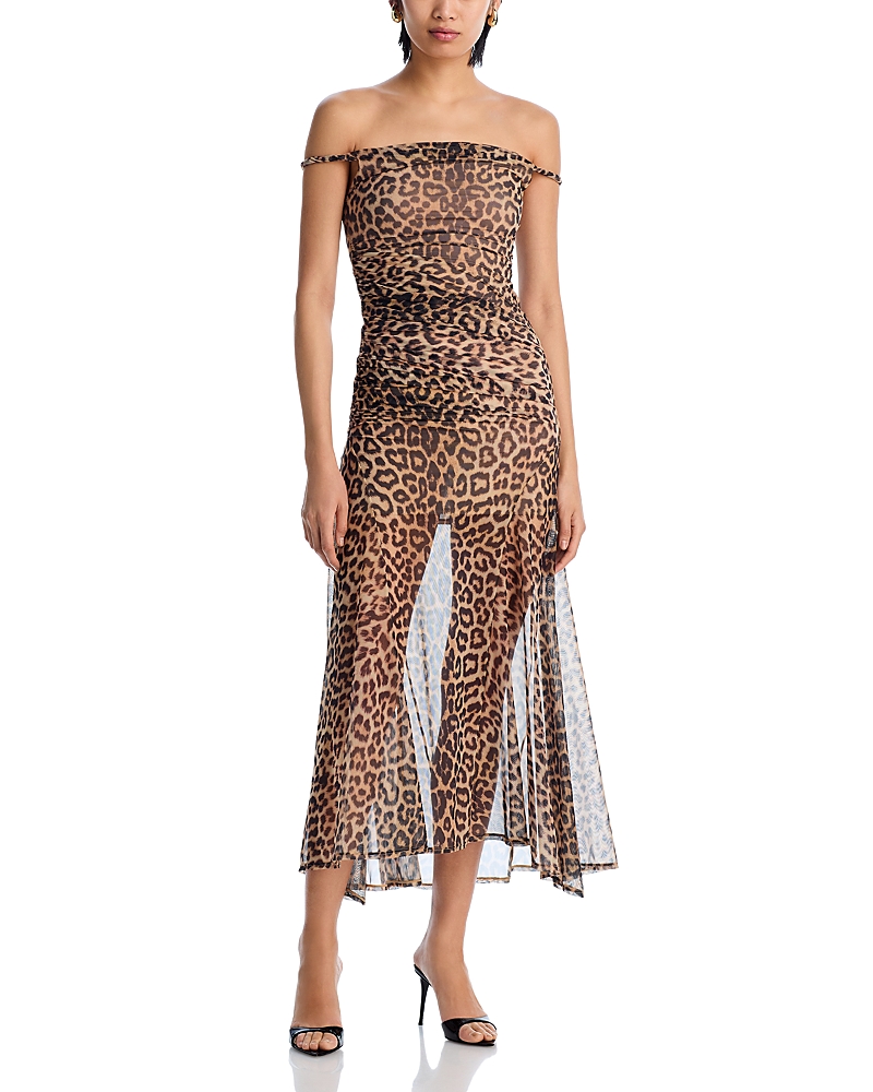 Shop Alice And Olivia Bianca Twist Off-the-shoulder Dress In Leopard
