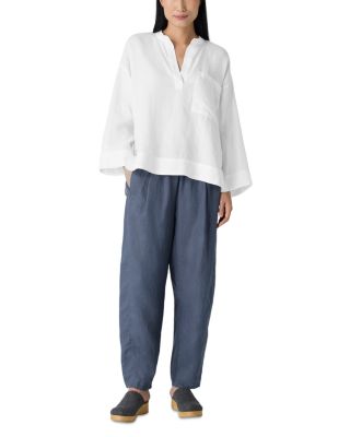 Linen Mandarin Collar Popover Top