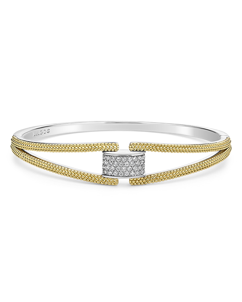 Lagos 18k Yellow Gold & Sterling Silver Caviar Lux Clip Diamond Pave Bangle Bracelet - Exclusive In Silver