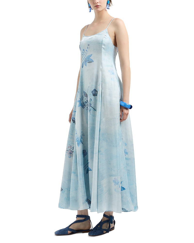 Emporio Armani Long Dress In Trilobal Fabric With Batik Flower Print In Sky Blue Pastel