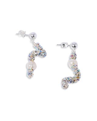 Pearl Octopuss.y - Tiny Snakes Crystal & Cultured Freshwater Pearl Drop Earrings in Silver Plated