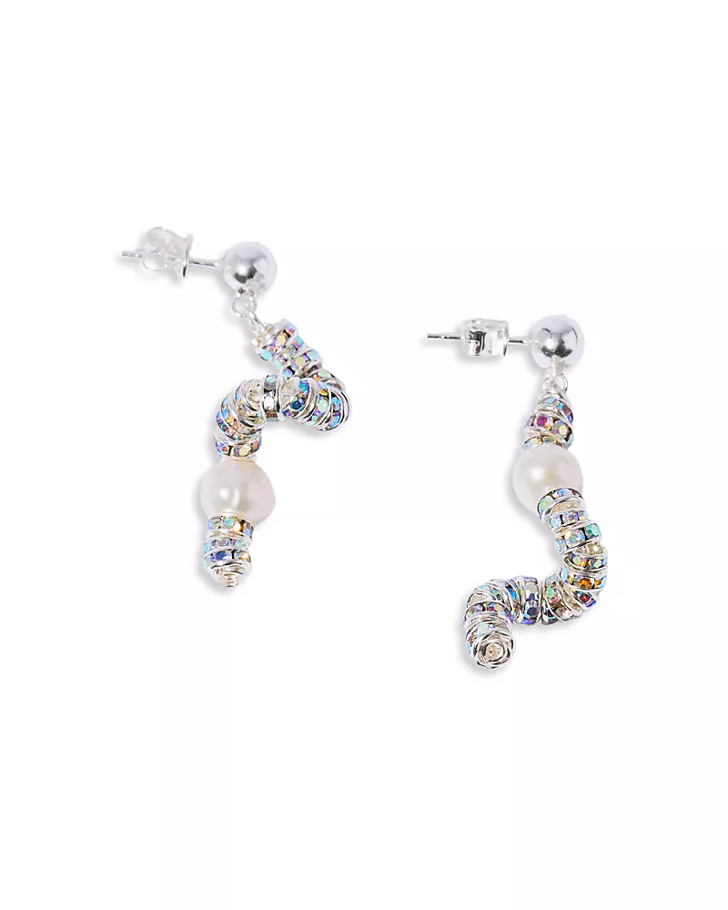 Pearl Octopuss. y Tiny Snakes Crystal & Cultured Freshwater Pearl Drop Earrings in Silver Plated