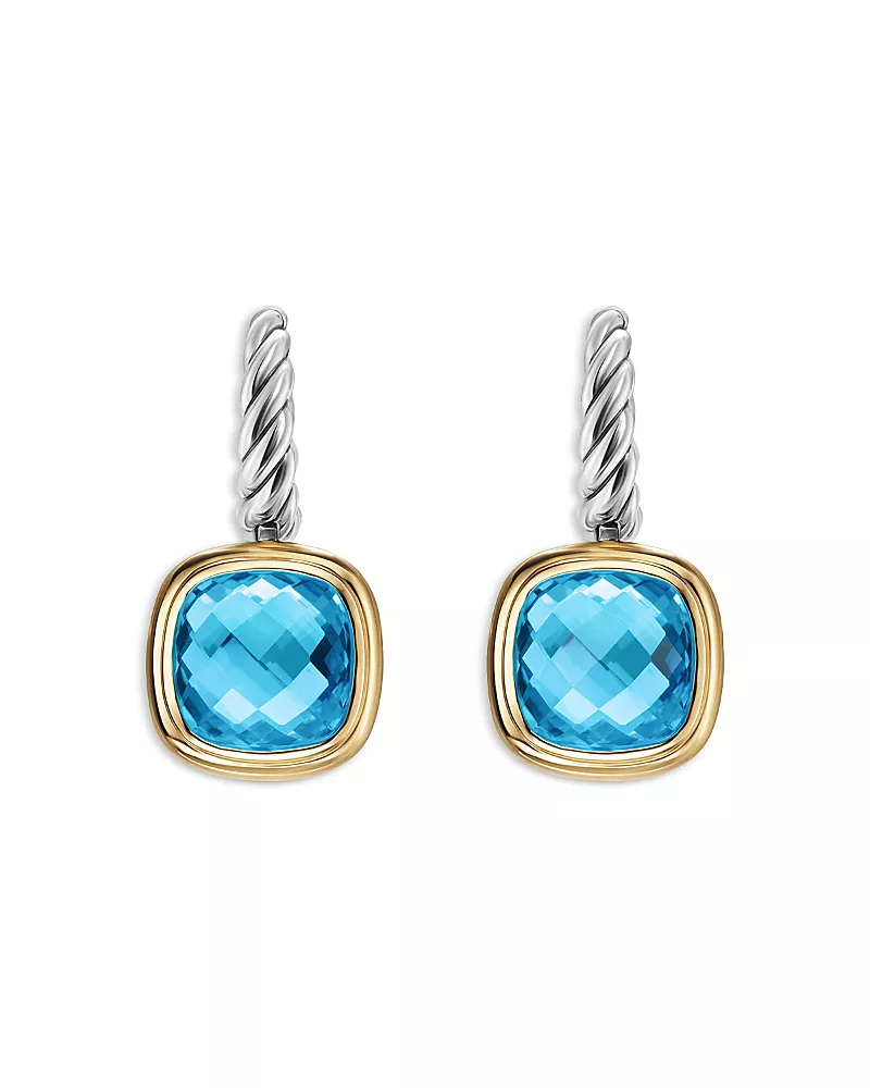 Albion Drop Earrings in Sterling Silver with 18K Yellow Gold and Blue Topaz, 10mm